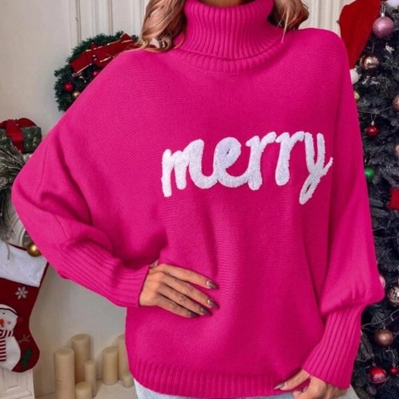 Holiday Turtleneck Dolman Sleeve knit Sweater top Pink - Picture 3 of 7